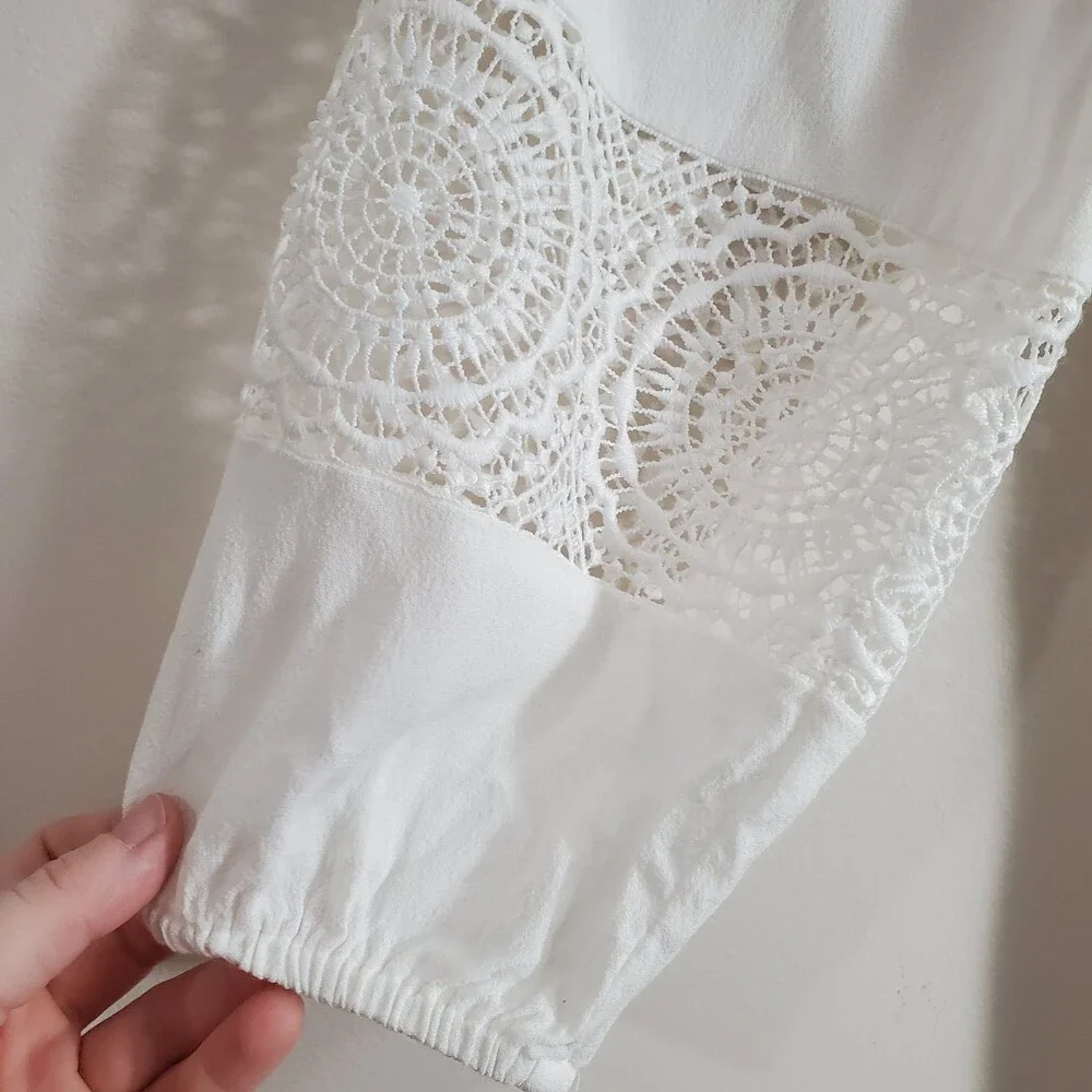 S Joie Square Neck White Peasant Dress Crochet Lace Trim Long Sleeve Mini Short